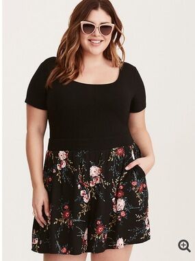 Torrid Floral Print Knit to Woven Romper Black Size 1X